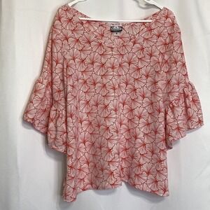 Manuhealii Red White Hawaiian Aloha Top 3/4 Flounce Sleeves Womens Medium Blouse